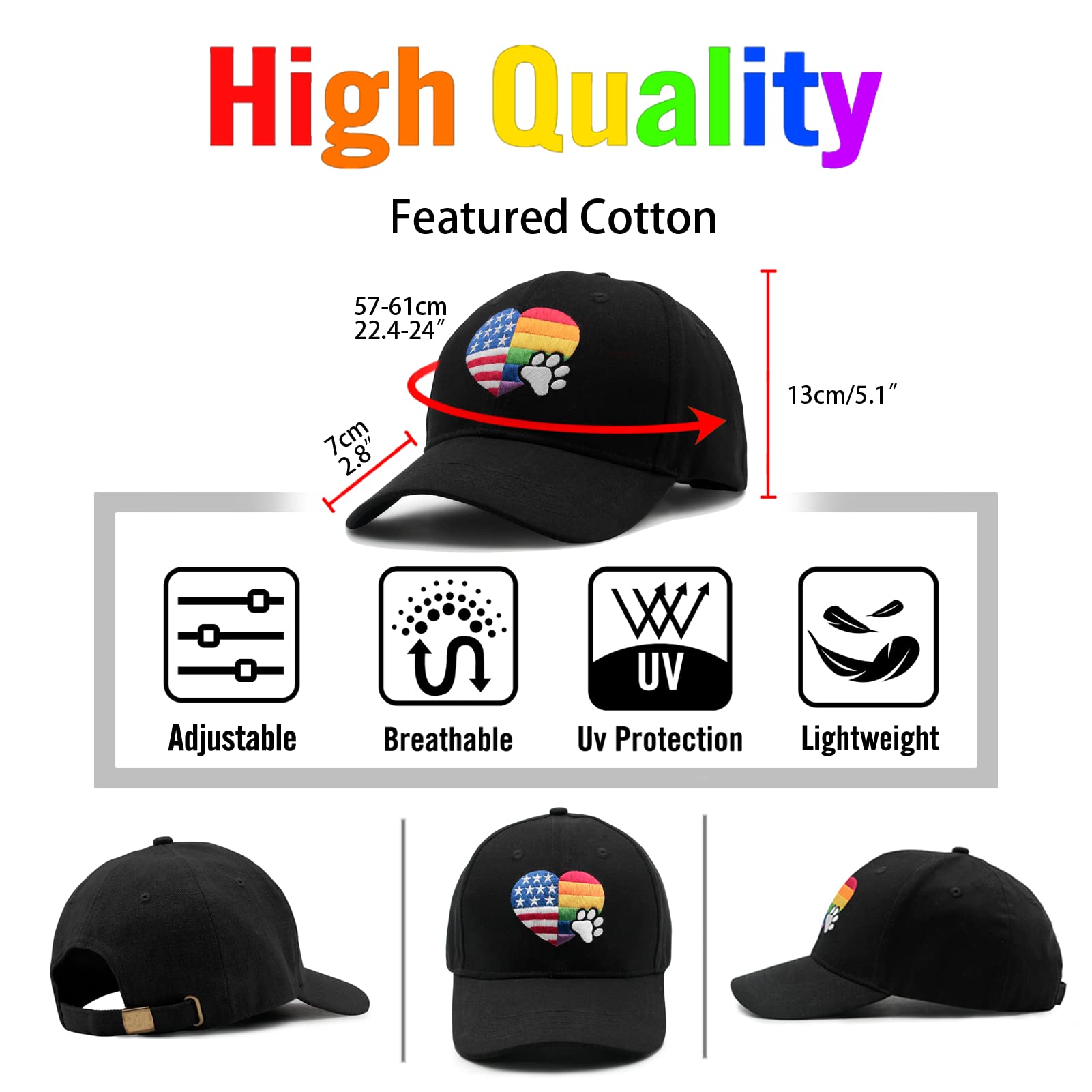 American Flag Hats for Women Men,LGBT Prider Baseball Cap Adjustable Dad Hat,Rainbow Heart Dog Paw Print Embroidered,Black