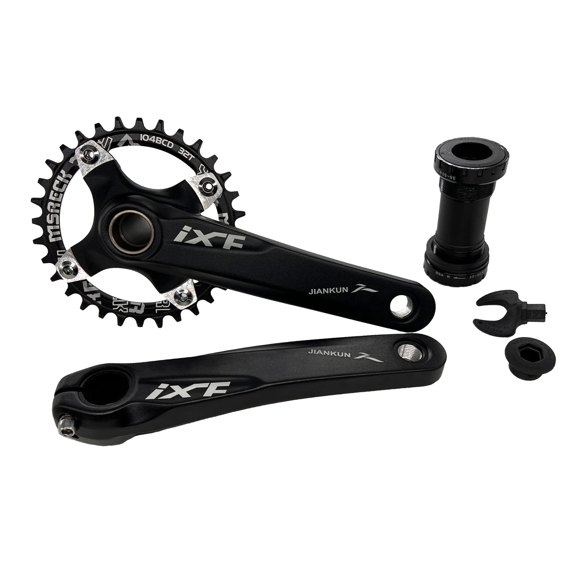 MSRECK Bike Crank Arm Set Mountain Bike Crank Arm Set 170mm 104 BCD with Bottom Bracket Kit, Single Chainring for MTB BMX Road Bicyle, Compatible with Shimano, FSA, Gaint (Black, 32T)