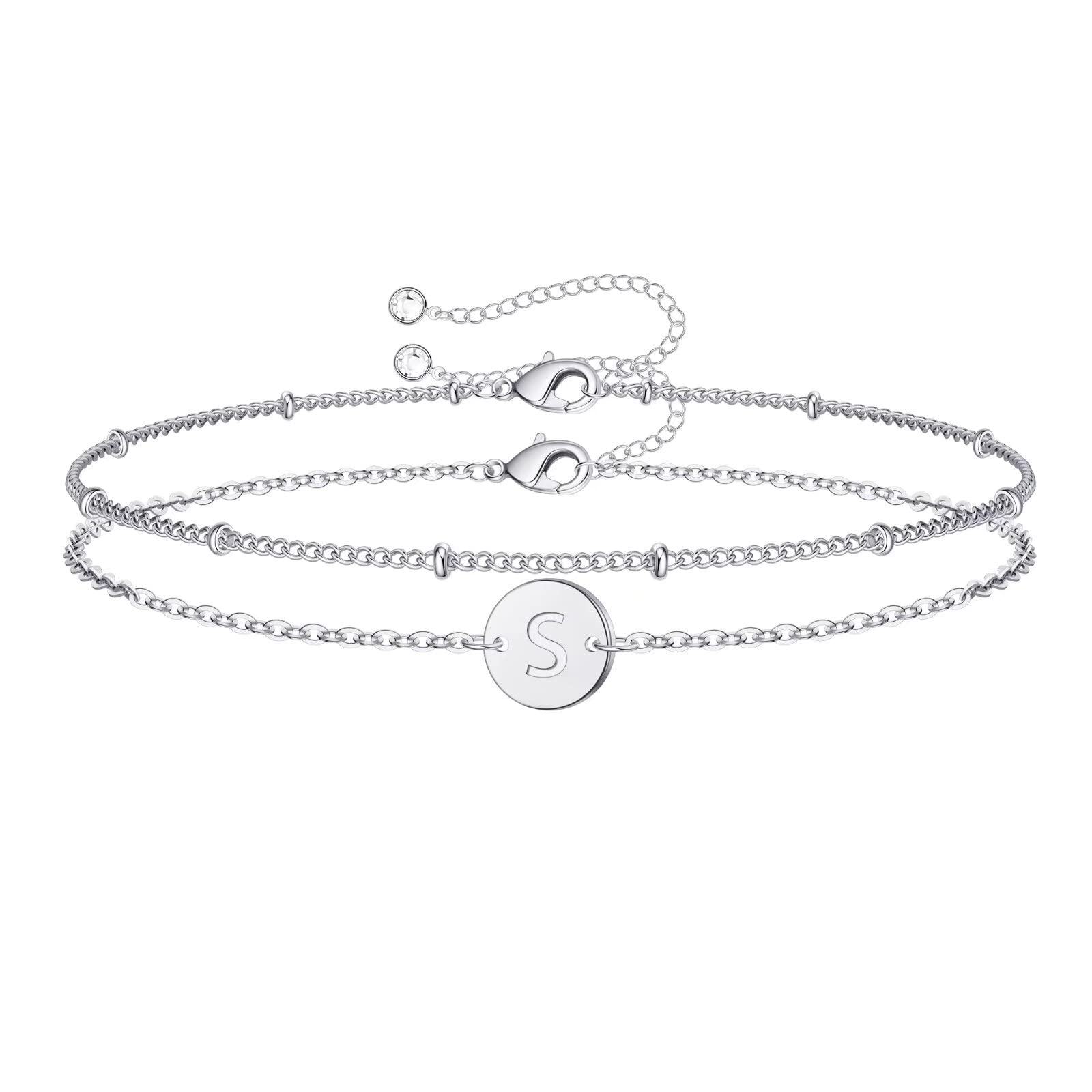 MONOZO 14K White Gold Filled Letter Initial Bracelet, Silver, for Women and Teen Girls