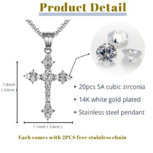 Ropartman Silver Cross Necklace for Women, [ 5A Cubic Zirconia ] 14K Gold Plated Stainless Steel Cross Pendant for Women, 19" necklace included