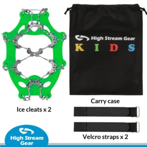 Kids Ice Cleats - Snow Crampons for Hiking Boots & Shoes with 14 Stainless Steel Spikes, Anti Slip Traction Grips for Boys and Girls, Snow Cleats for Hiking, Walking & Climbing (Small, Green)