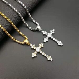 Ropartman Silver Cross Necklace for Women, [ 5A Cubic Zirconia ] 14K Gold Plated Stainless Steel Cross Pendant for Women, 19" necklace included