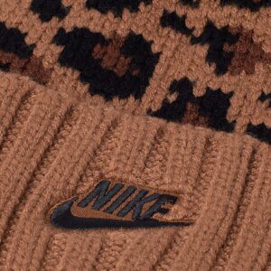 Nike Women's NSW Brown Leopard Print Fleece Lined Cuffed Pom Beanie