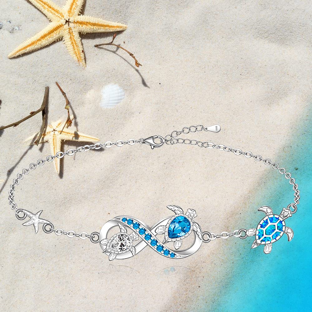 Fenthring Turtle Bracelet for Women Blue Opal Ocean Sea Turtle Bracelet Charms Sterling Silver 925 Crystal Summer Beach Hawaiian Infinity Friendship Tortoise Jewelry Gifts