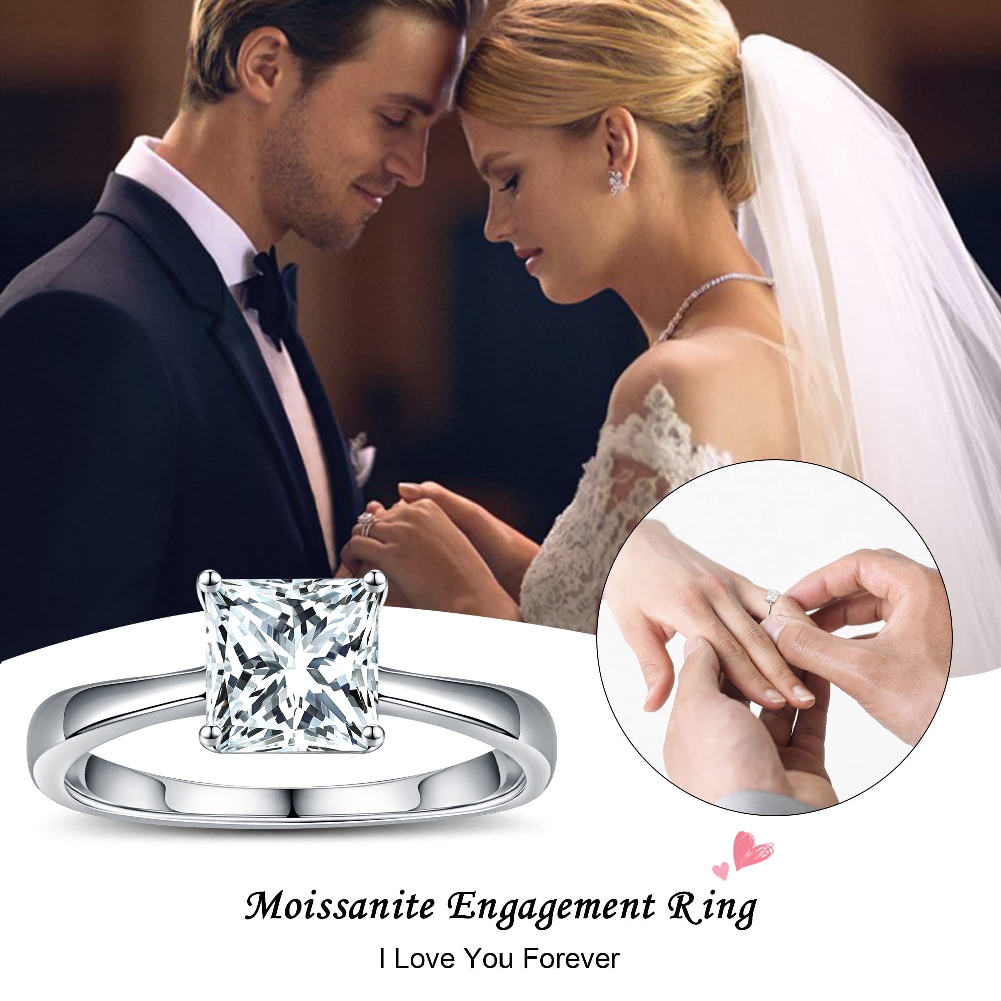 SMILEST 1.5ct Princess Moissanite Rings for Women, D Color VVS1 Clarity Princess Moissanite Diamond Wedding Rings Rhodium Plated 925 Sterling Silver Moissanite Solitaire Engagement Ring for Women