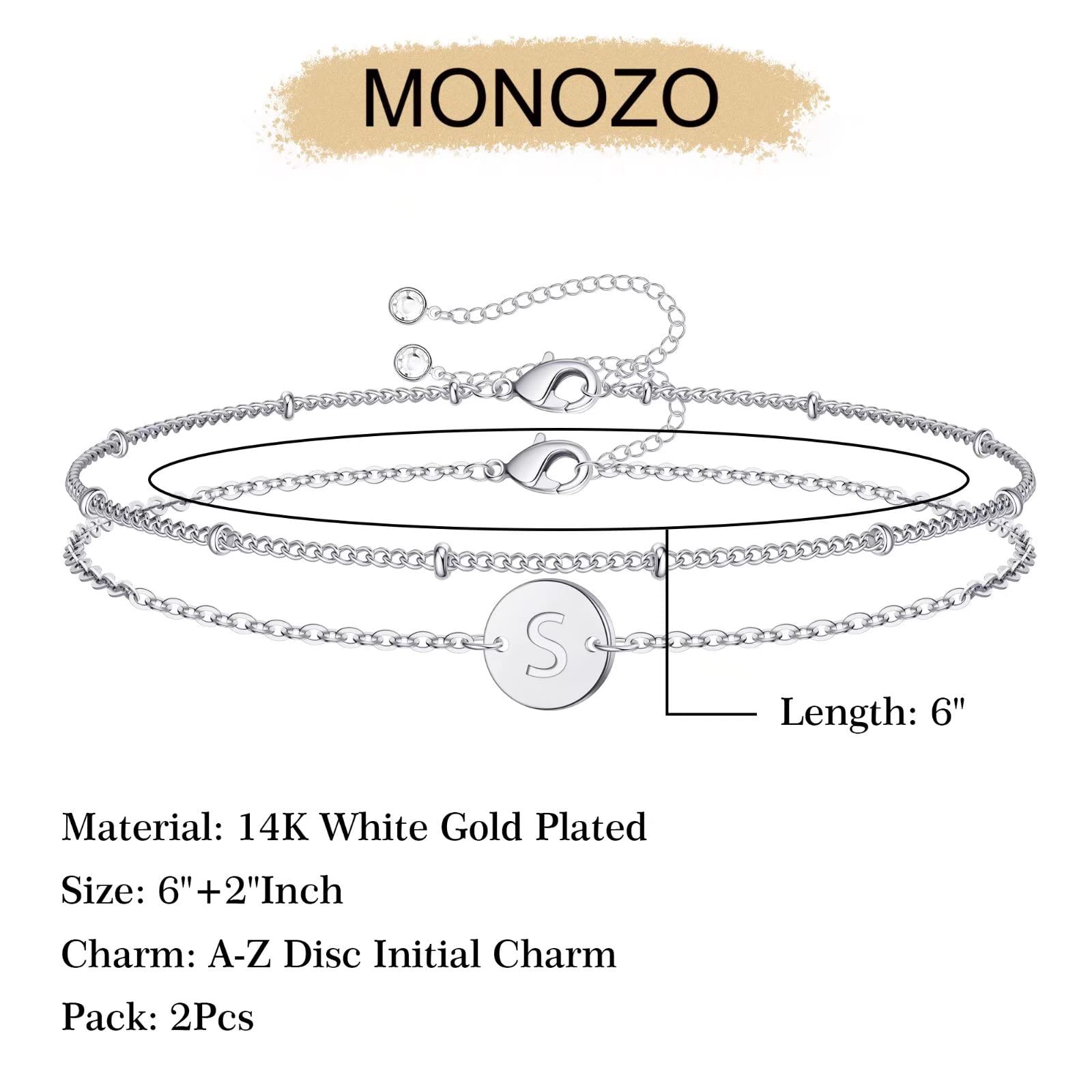 MONOZO 14K White Gold Filled Letter Initial Bracelet, Silver, for Women and Teen Girls