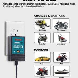 Aowel 750mA Trickle Battery Charger, 12V Fully-Automatic Smart Charger Battery Maintainer for Cars, Motorcycle, ATVs and More