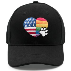 American Flag Hats for Women Men,LGBT Prider Baseball Cap Adjustable Dad Hat,Rainbow Heart Dog Paw Print Embroidered,Black