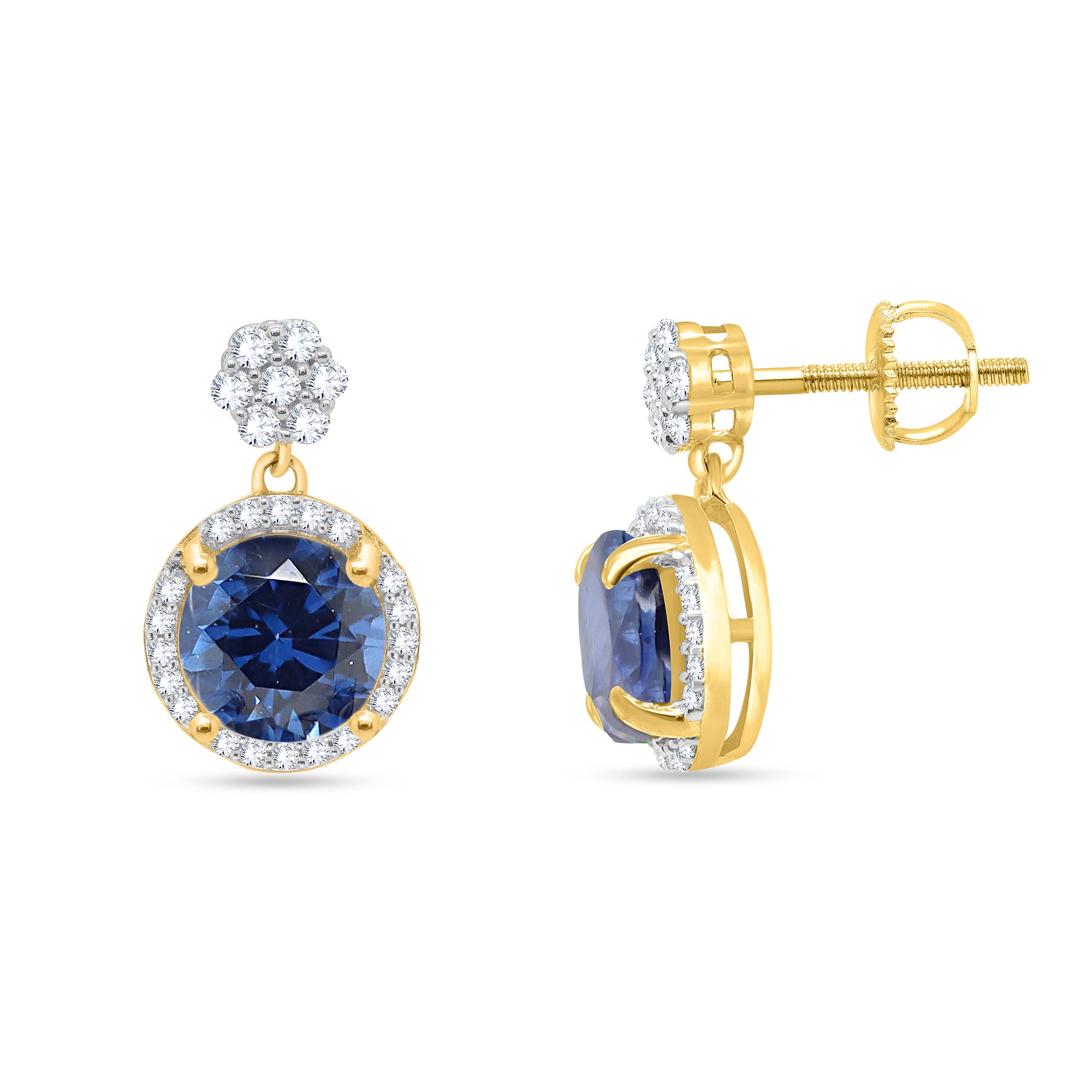 Shineadime 6MM Round Shape Simulated Blue Sapphire and White Cubic Zirconia Floral Halo Prong Set Drop Dangle Earrings with Screw Back in 14K Yellow Gold Plated 925 Sterling Silver Gift for Womens