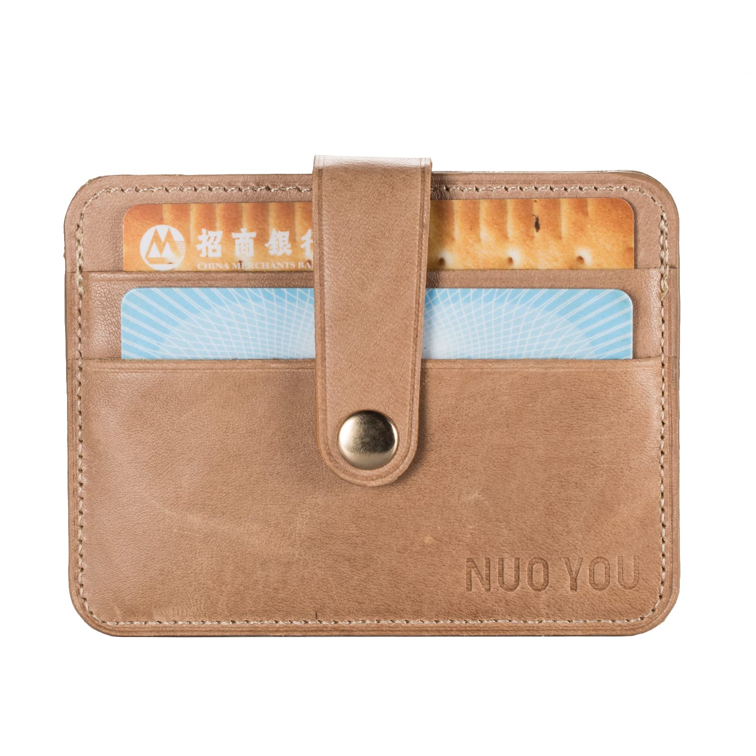 NUOYOU Handmade Genuine Leather Card Case Slim Handy Gift RFID Blocking Card Holder Minimalist Wallet for Men & Women Front Pocket Credit Card Holder (Khaki)