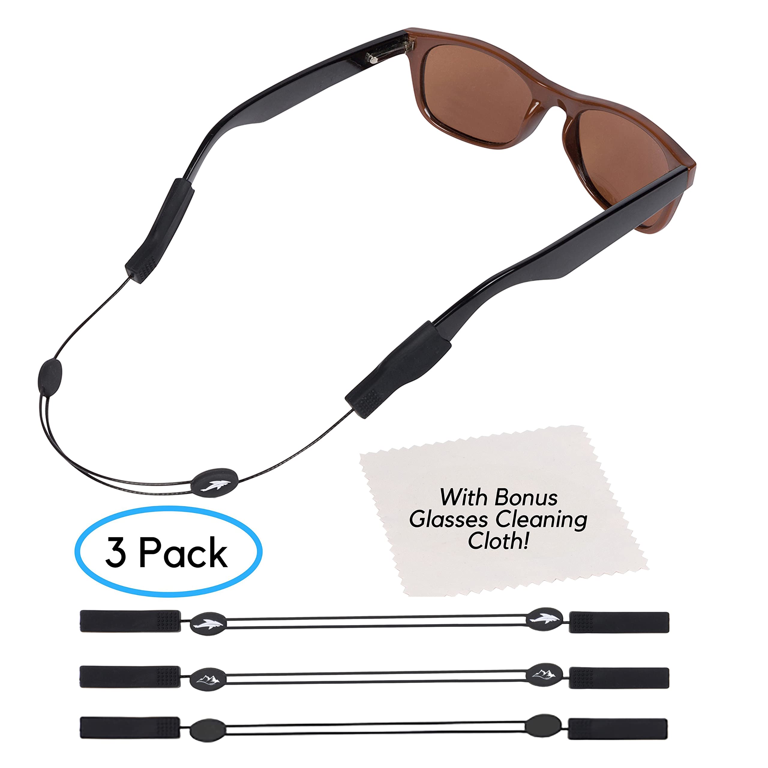 Adjustable Eyeglass Strap (3 Pack Variety) - No Tail Sunglass Strap - Eyewear String Holder - With Bonus Glasses Cleaning Cloth - 1 Shark, 1 Mountain, 1 Plain Style - 3 Pack