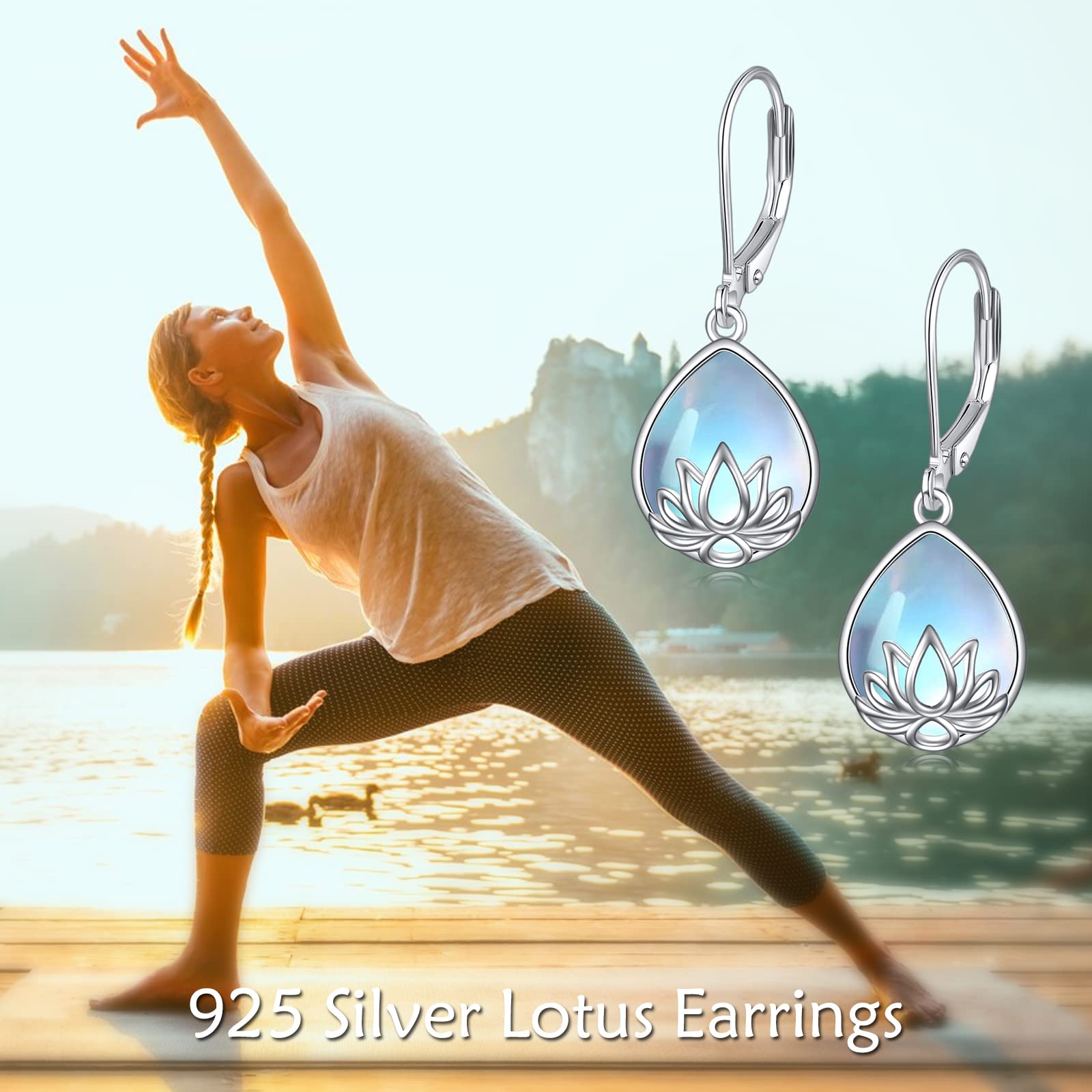 YFN Lotus Flower Moonstone Earrings Leverback 925 Sterling Silver Teardrop Dangle Hypoallergenic Earring for Women