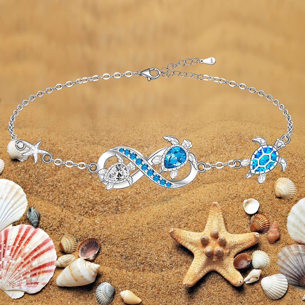 Fenthring Turtle Bracelet for Women Blue Opal Ocean Sea Turtle Bracelet Charms Sterling Silver 925 Crystal Summer Beach Hawaiian Infinity Friendship Tortoise Jewelry Gifts