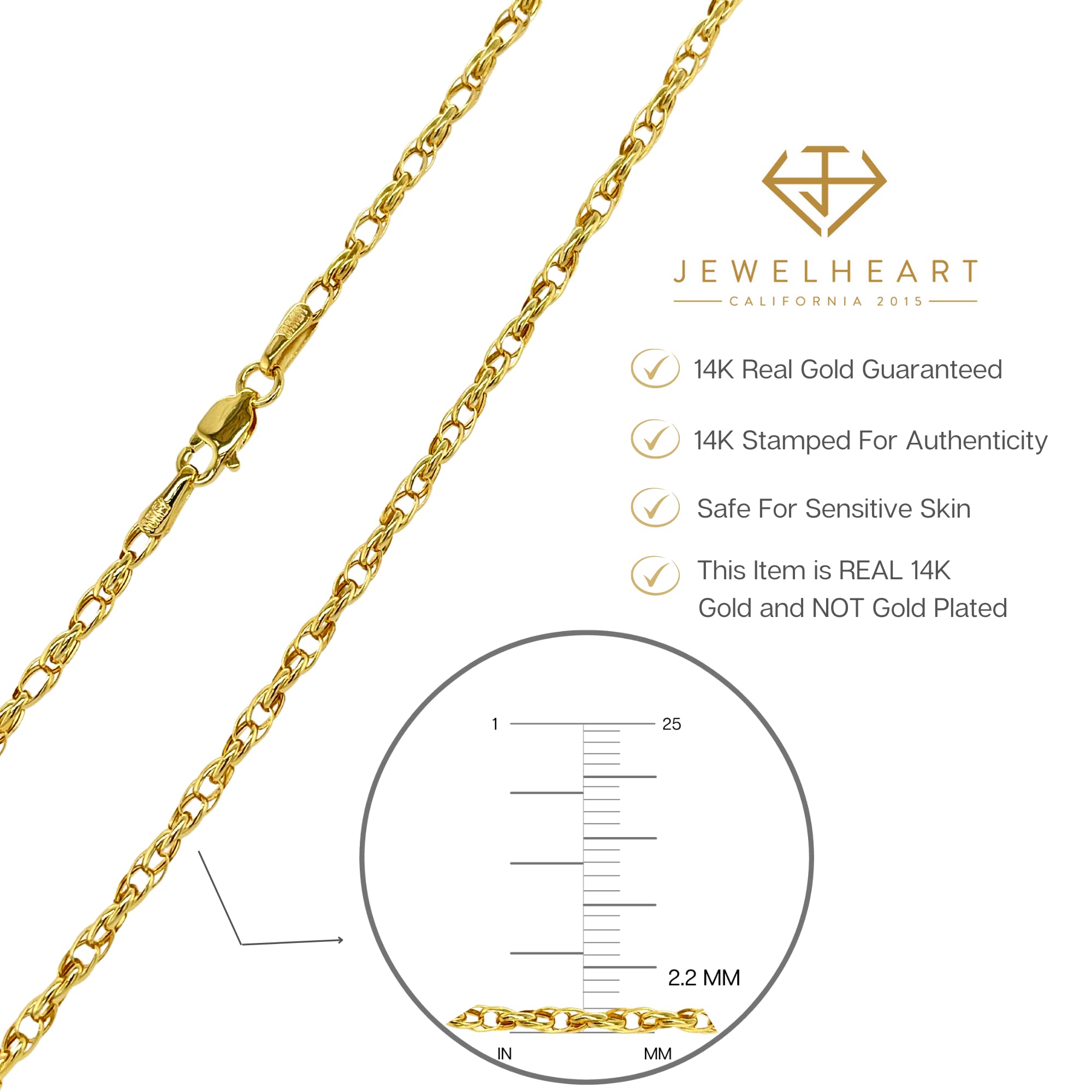 JEWELHEART 14K Real Gold Twisted Necklace For Women - 2.2mm Diamond Cut Braided Chain Link Necklace - Dainty Yellow Gold Pendant Necklace with Lobster Clasp 24"