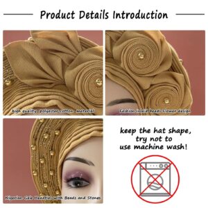 QliHut White Nigerian Gele Headtie African Head Wraps Aso Oke Gele Already Made Auto Gele African Turban Cap For Party (Gold)