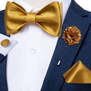 DiBanGu Self Tied Bow Tie for Men Gold Bowtie for Tuxedo Bussiness Satin Bow tie Lapel Pin Pocket Square Cufflinks Set