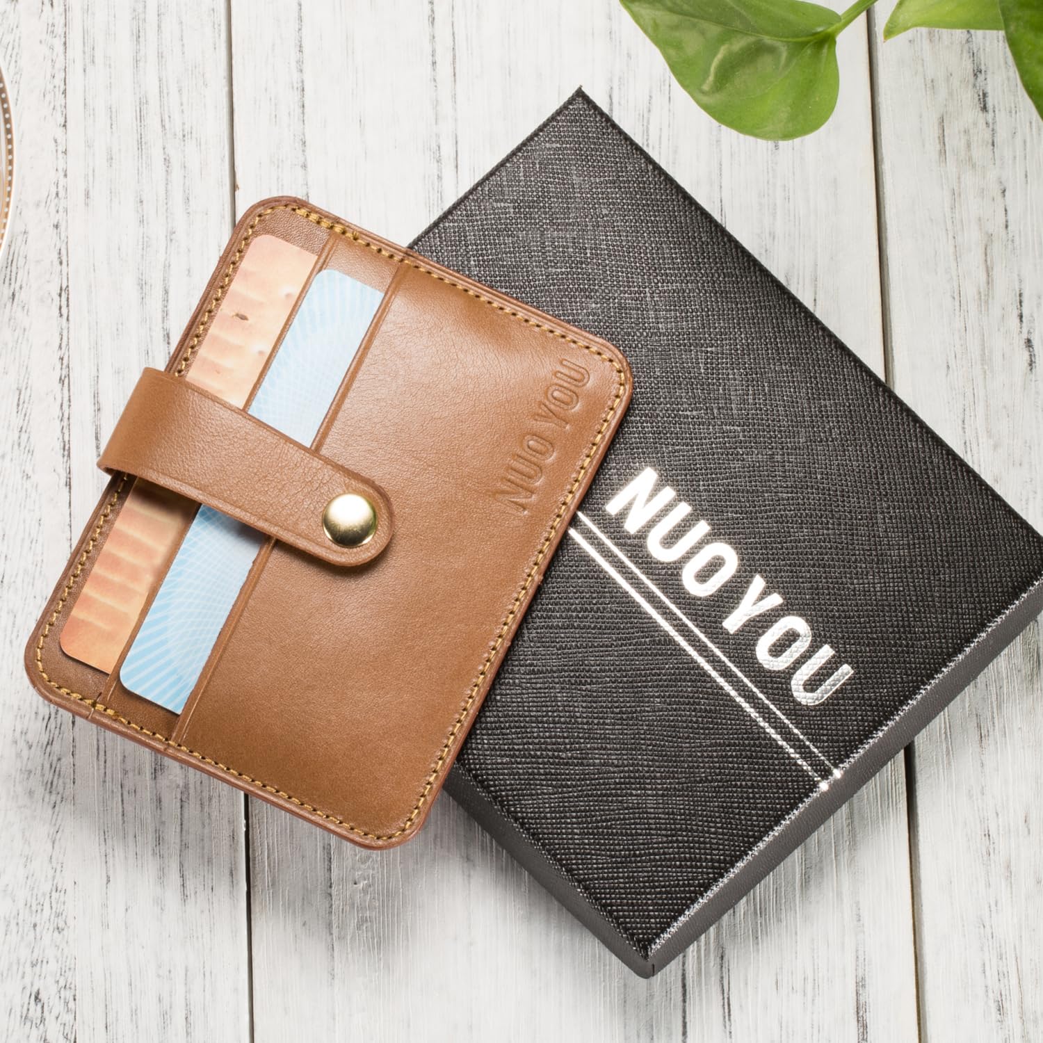 NUOYOU Handmade Genuine Leather Card Case Slim Handy Gift RFID Blocking Card Holder Minimalist Wallet for Men & Women Front Pocket Credit Card Holder Gift Package (Light Brown)