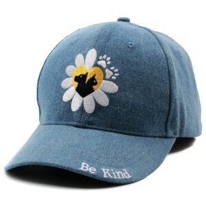 Cat Dog Gifts for Cat Dog Lovers,Daisy Baseball Cap for Women Men,Be Kind Dad Hat Denim Embroidered,Heart Dog Paw Print,Blue