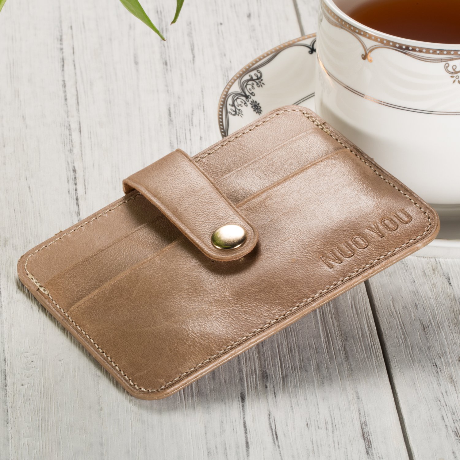 NUOYOU Handmade Genuine Leather Card Case Slim Handy Gift RFID Blocking Card Holder Minimalist Wallet for Men & Women Front Pocket Credit Card Holder (Khaki)