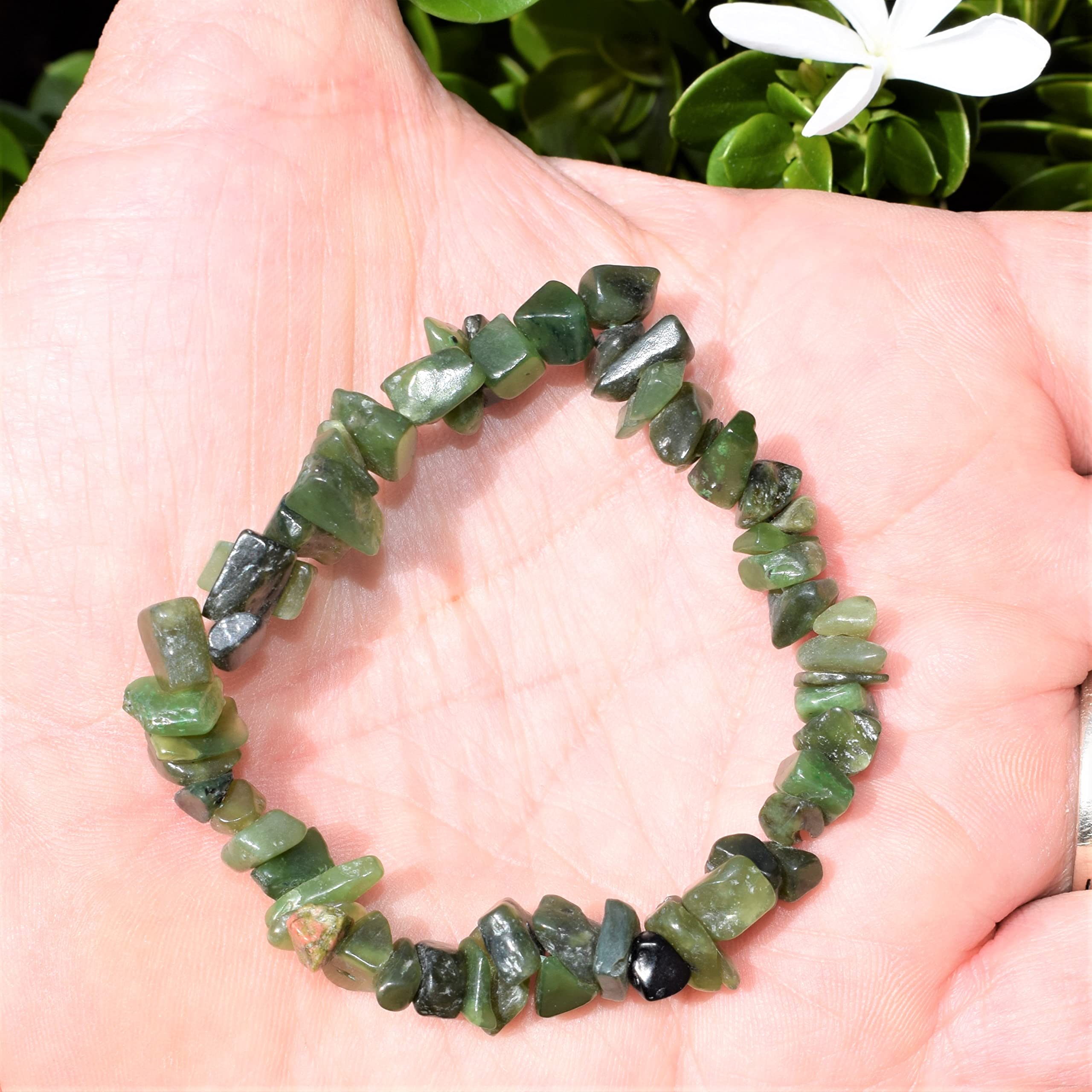 Zenergy Gems Charged Premium Natural Nephrite Inca Jade Chip Bead Bracelet + Moroccan Selenite Charging Crystal [Included]