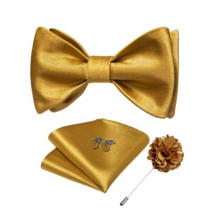 DiBanGu Self Tied Bow Tie for Men Gold Bowtie for Tuxedo Bussiness Satin Bow tie Lapel Pin Pocket Square Cufflinks Set