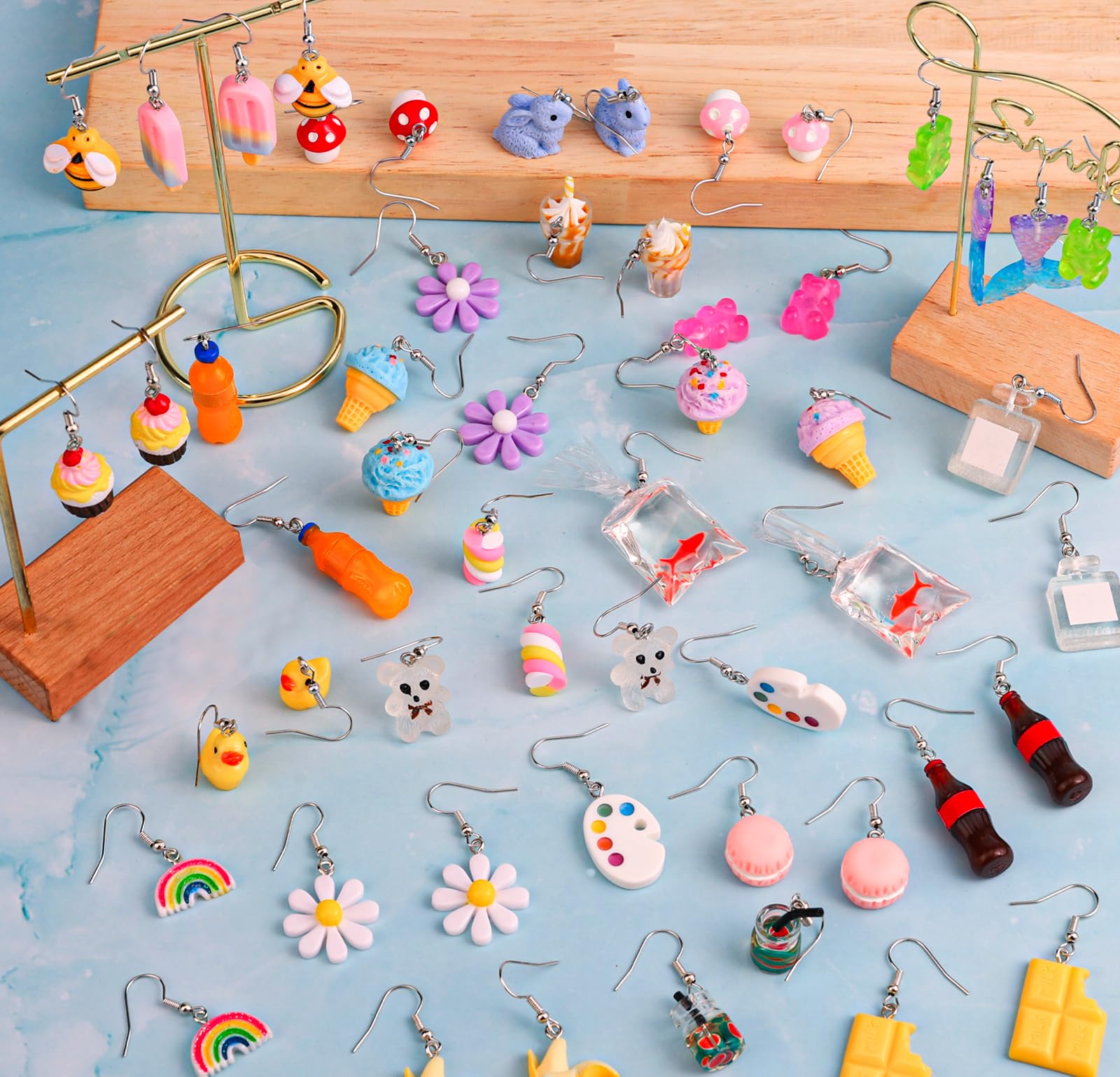 28 Pairs Weird Cute Earrings Funny Kawaii Indie Funky Earrings Including Gummy Bear Water Bottle Food Mushroom Boba Tea Earrings Goldfish Flowers Dangle Earrings for Women