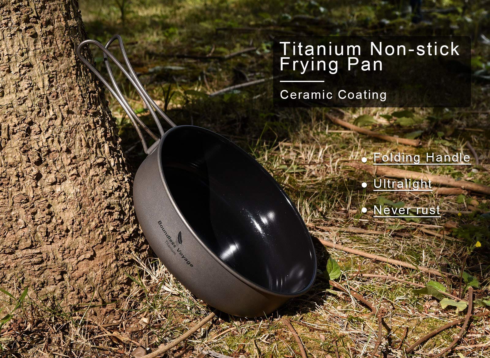 Boundless Voyage Camping Titanium Non-Stick Pan with Folding Handle Ultralight Outdoor Ceramic Coating Frying Pan Small Portable Picnic Hiking BBQ Cookware (Ti2067C-L-18CM)