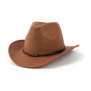 eogimi western cowboy hats for women men felt wide brim panama hat with belt buckle bead band-khaki