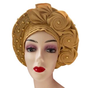 QliHut White Nigerian Gele Headtie African Head Wraps Aso Oke Gele Already Made Auto Gele African Turban Cap For Party (Gold)