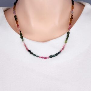 Women Necklace - Multi Tourmaline Gemstone Beaded Dainty Necklace Faceted Handmade Multicolor Natural Chain Necklace For Women (50 Cm)