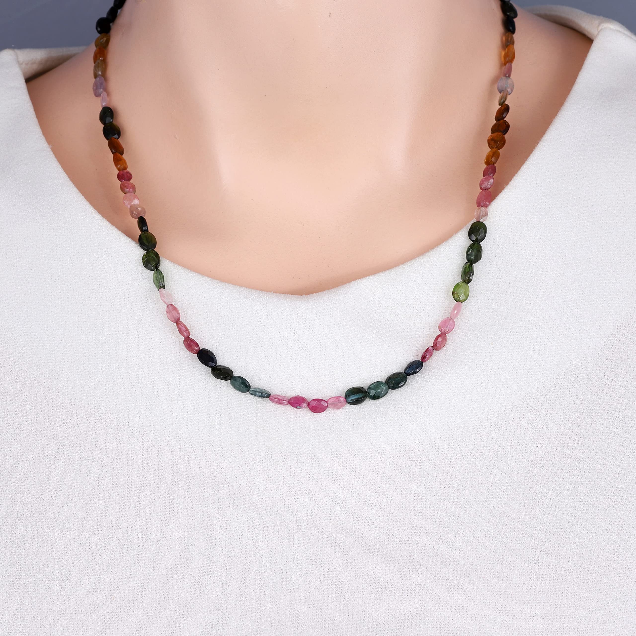 Women Necklace - Multi Tourmaline Gemstone Beaded Dainty Necklace Faceted Handmade Multicolor Natural Chain Necklace For Women (50 Cm)