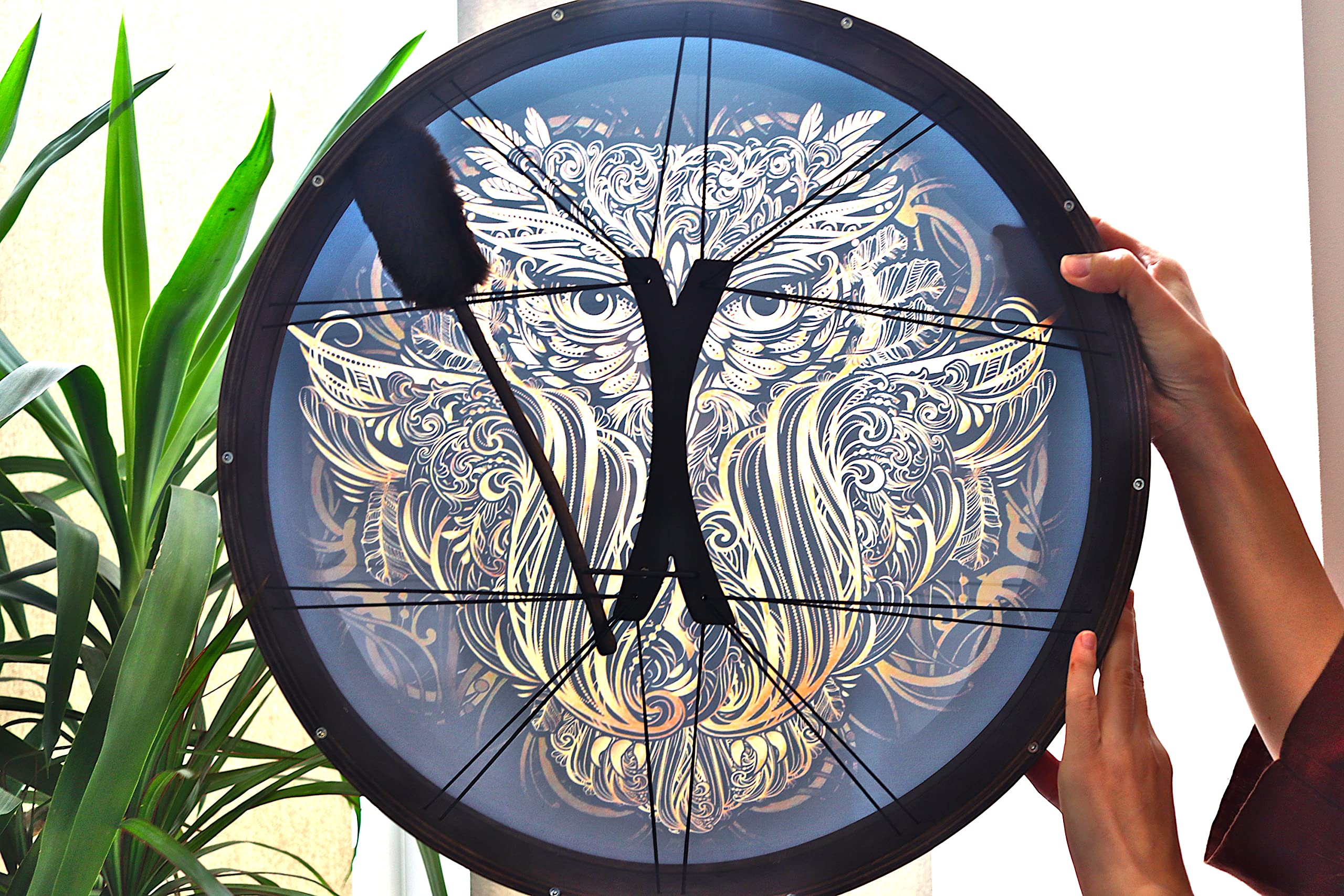 Vegan Shaman "Owl Soul" Drum 20'' | Healing Sound Therapy | Tunable Frame Drum | Water Resistant Membrane | Deep Bass Sacred Sound | With a Soft Protecting Bag