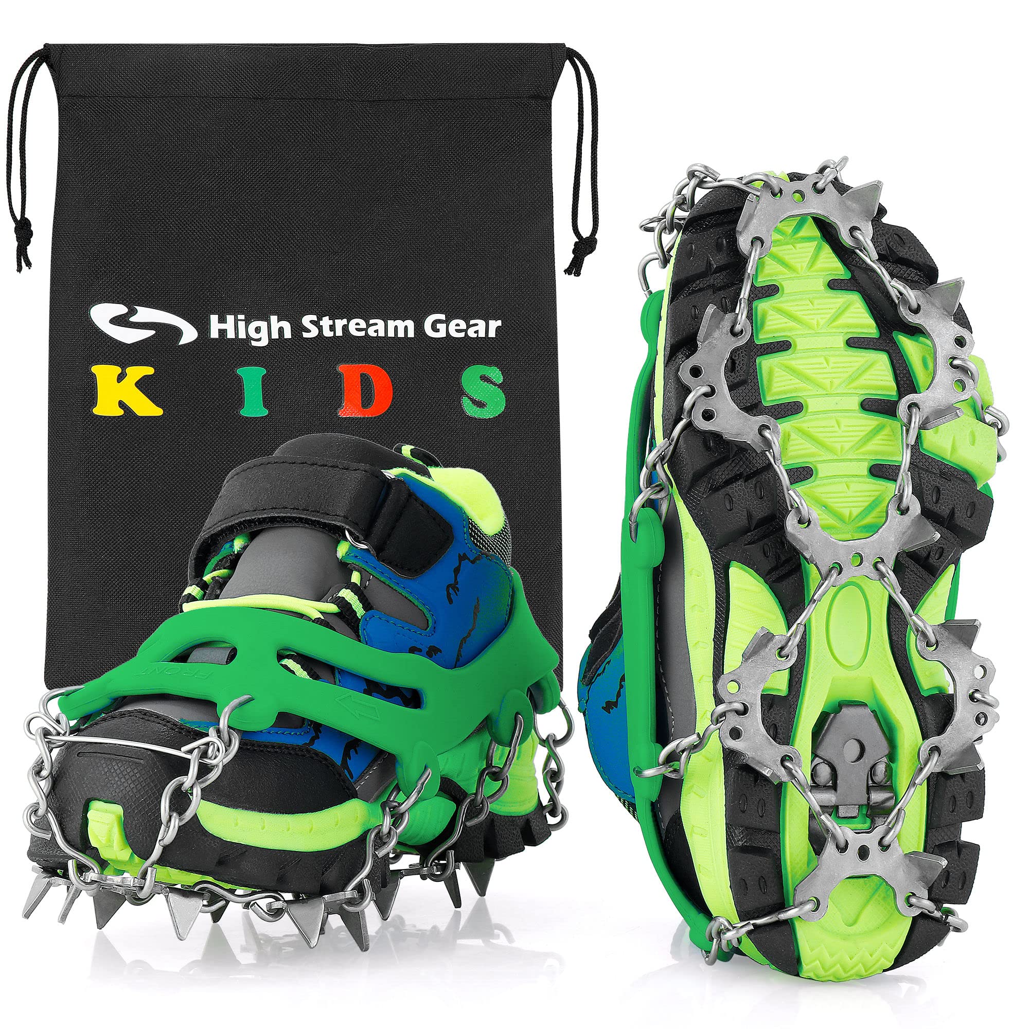 Kids Ice Cleats - Snow Crampons for Hiking Boots & Shoes with 14 Stainless Steel Spikes, Anti Slip Traction Grips for Boys and Girls, Snow Cleats for Hiking, Walking & Climbing (Small, Green)