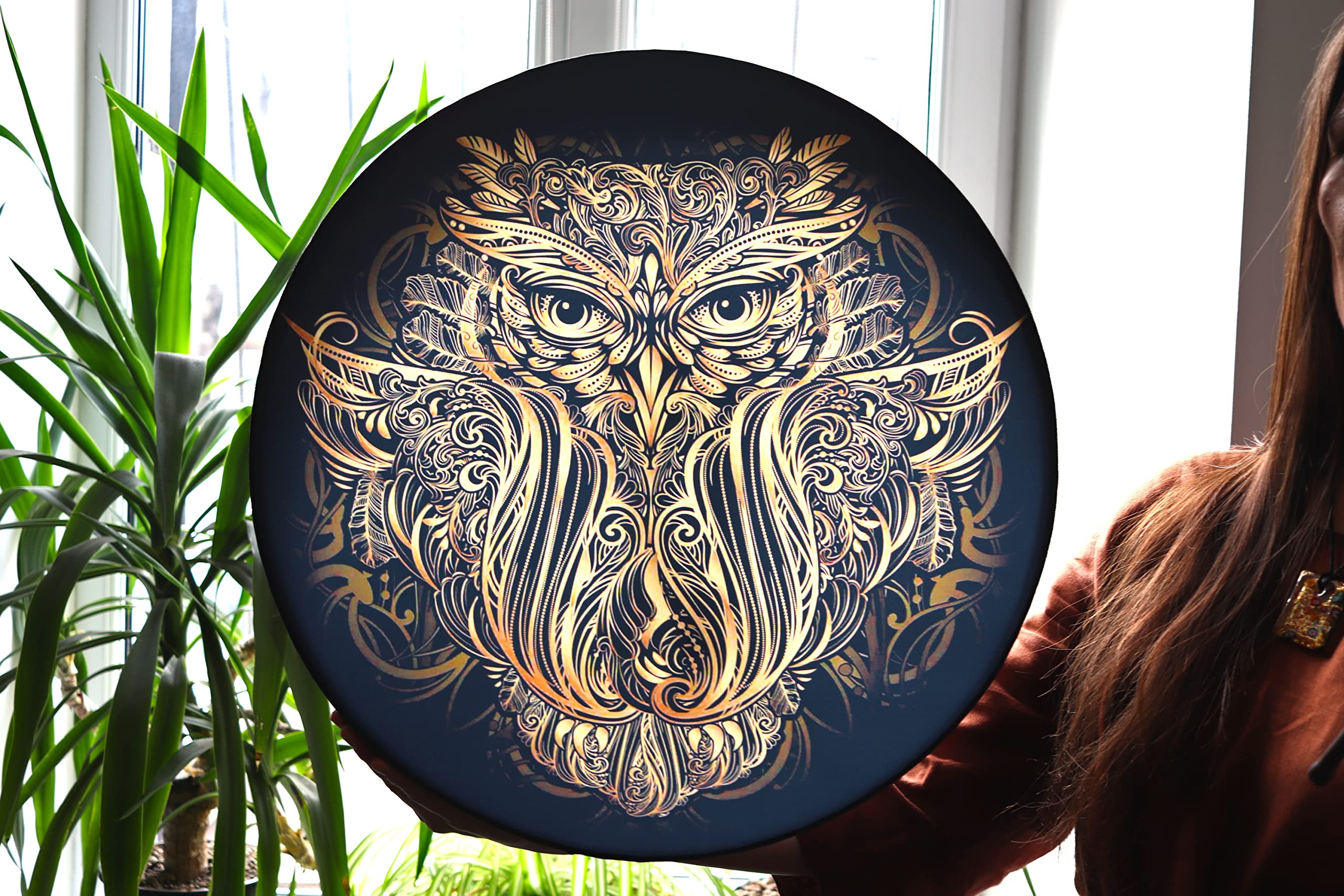 Vegan Shaman "Owl Soul" Drum 20'' | Healing Sound Therapy | Tunable Frame Drum | Water Resistant Membrane | Deep Bass Sacred Sound | With a Soft Protecting Bag