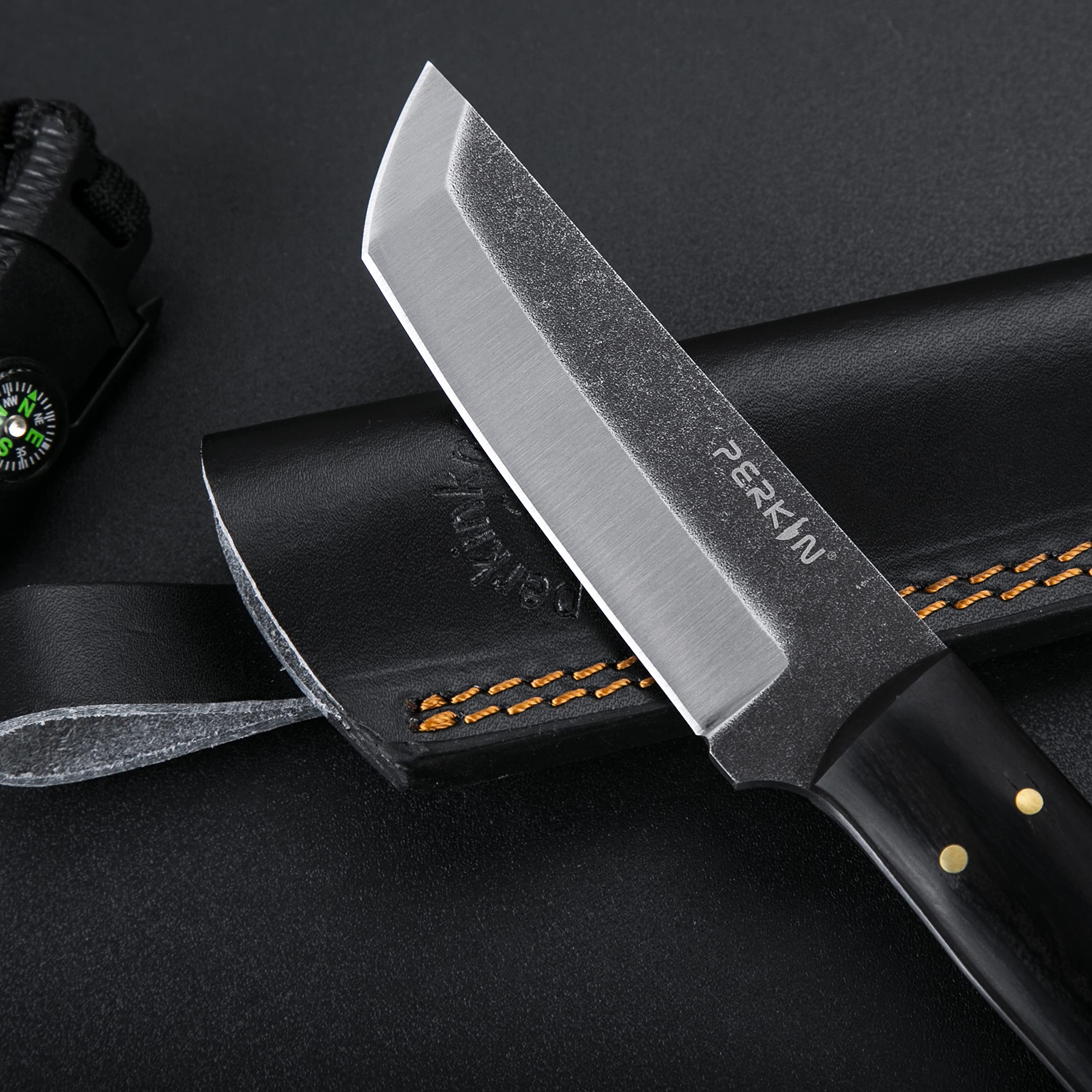 Perkin Hunting Knife With Sheath Fixed Blade Knife Full tang Bushcraft Knife Tanto Blade - PK800 Black