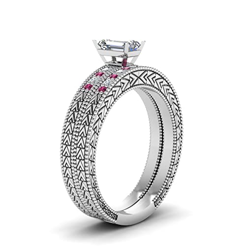 JewelryGift Antique Design Pave Engagement Rings sterling silver Created Pink Sapphire Emerald shape Pink color Milgrain Engagement Rings pave Setting in Size 11 Fashion Jewelry