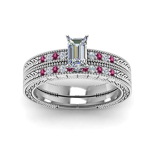 JewelryGift Antique Design Pave Engagement Rings sterling silver Created Pink Sapphire Emerald shape Pink color Milgrain Engagement Rings pave Setting in Size 11 Fashion Jewelry