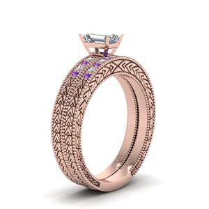 JewelryGift Antique Design Pave Engagement Rings rose gold plated Natural Amethyst Emerald shape purple color Milgrain Engagement Rings pave Setting in Size 10 Casual Wear for Gift