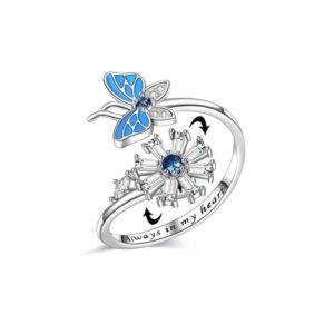 Fidget Anxiety Rings Butterfly Sunflower Adjustable Open Spinner Ring for Women Blue Cubic Zirconia Always in My Heart Stress Relieving Wrap Thin Band Engraved Cute Animal Jewelry Gift Girlfriend Bff Christmas