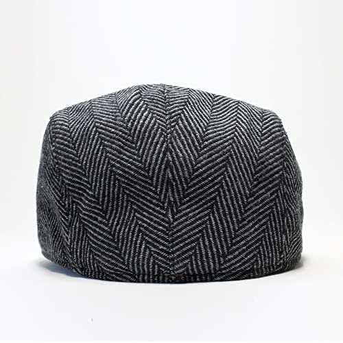 The Original Boston Scally Cap - The Original Newsboy Flat Cap - Single Panel Cotton Fitted Hat for Men - Grey Herringbone - ML