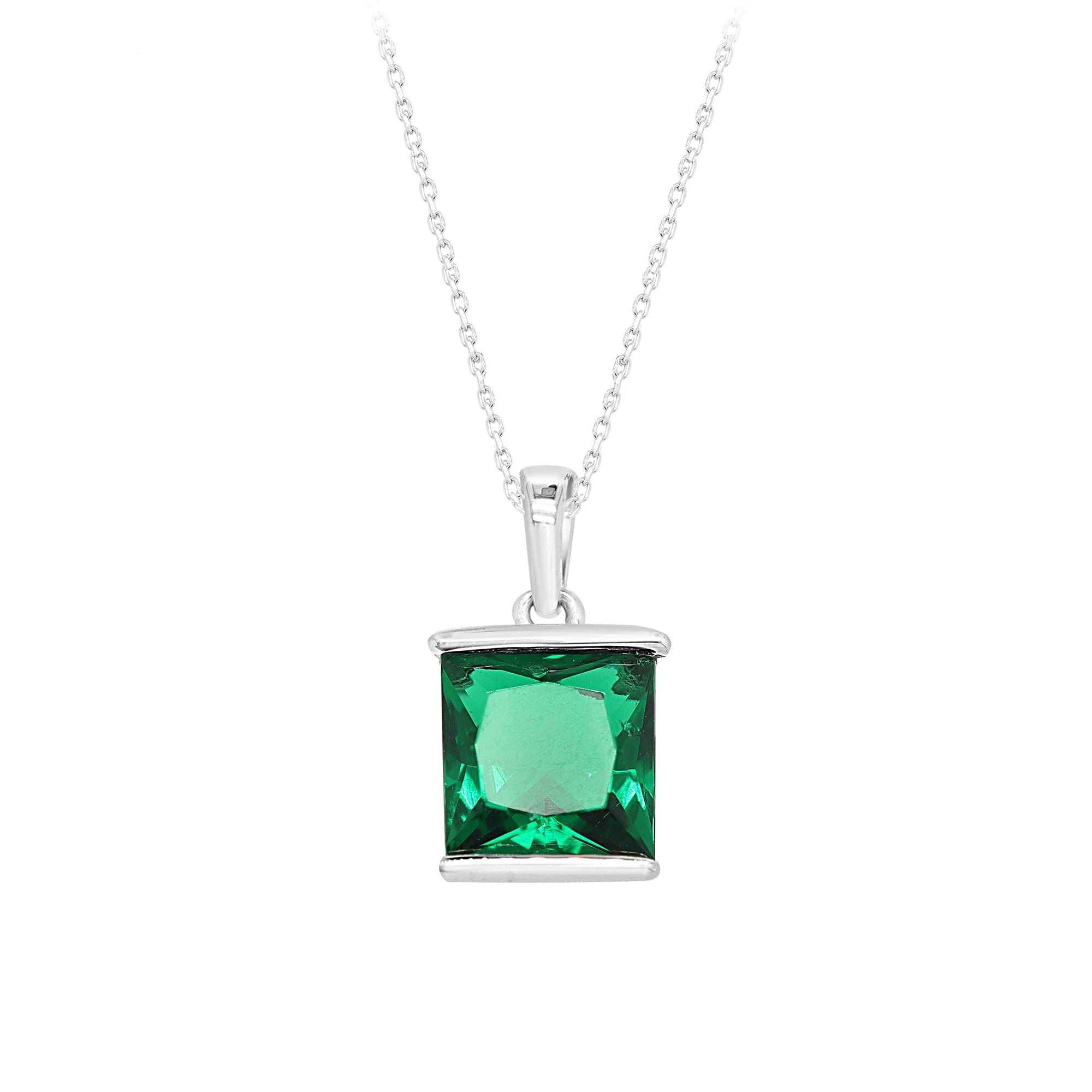 Shineadime Solitaire Pendant Necklace - Princess Cut Simulated Emerald Bar Set Along With 18" Chain In 14k White Gold Over Sterling Silver Jewelry for Women