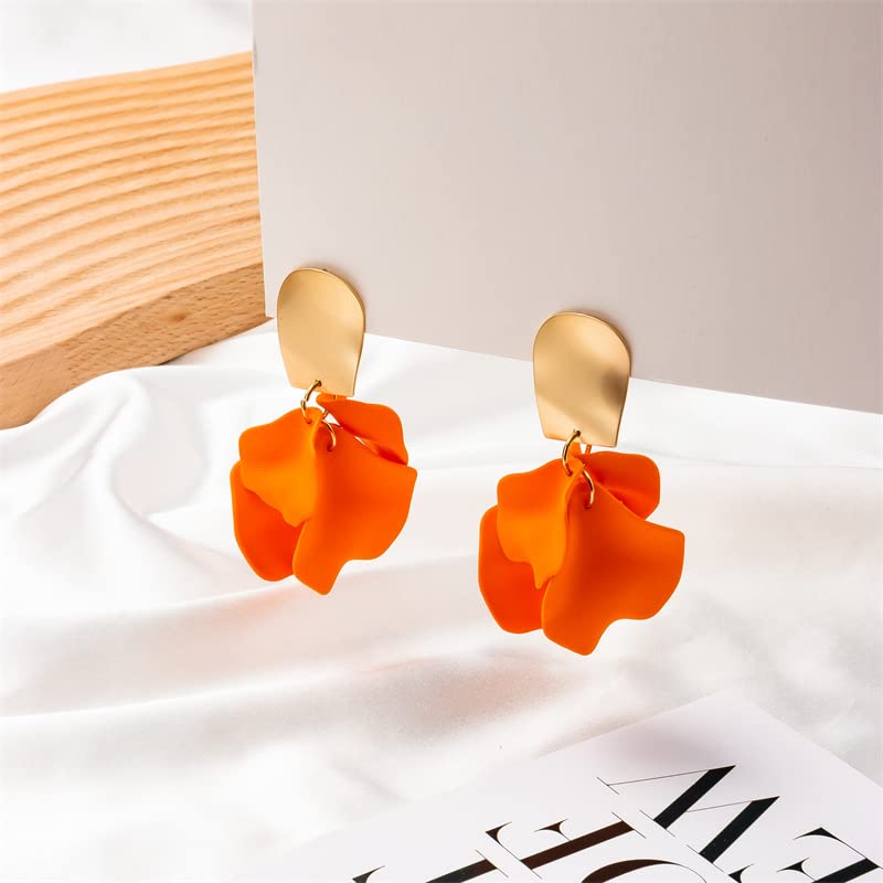 GUOXIAOMEI Chic Elegant Boho Red Rose Petal Dangle Resin Earrings Drop Acrylic Tiered Matte Flower Earrings Statement Exaggerated Floral Tassel Earrings for Women (Orange)