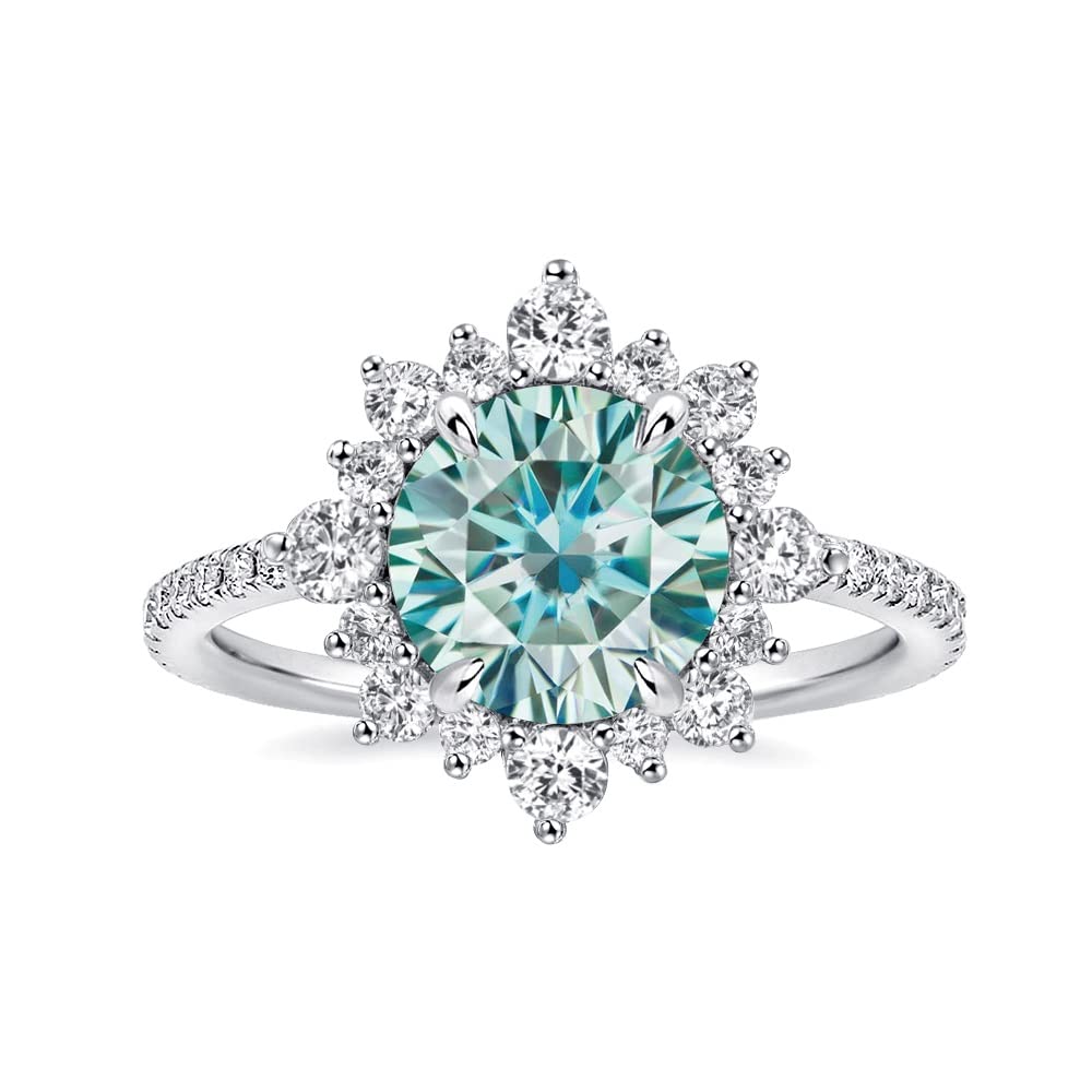 Effinny Moissanite Engagement Ring Snowflake Design Halo Round Cyan Blue Promise Ring for Her 925 Sterling Silver 18K White Gold Plated Anniversary Ring (Size : 7)