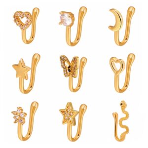 Sither 9 pieces Nose Rings Cuff for Women and Men Faux Nose Rings Clip Non Piercing Fake Nose Rings Pack Body Piercing Jewelry for Gift (gold)