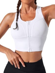 verdusa women's zip up front criss cross back workout sport bra tank top white m