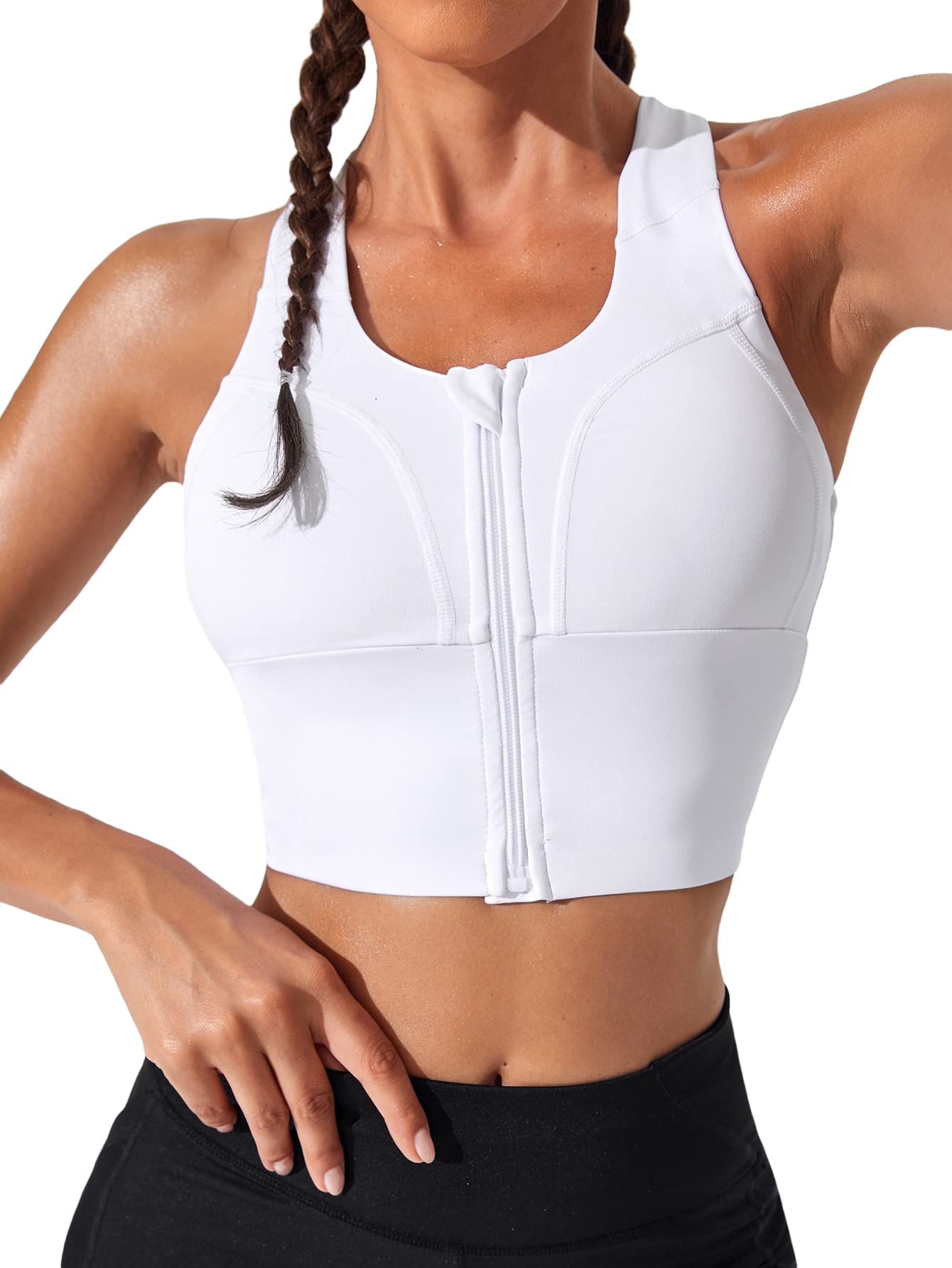 Verdusa Women's Zip Up Front Criss Cross Back Workout Sport Bra Tank Top White M