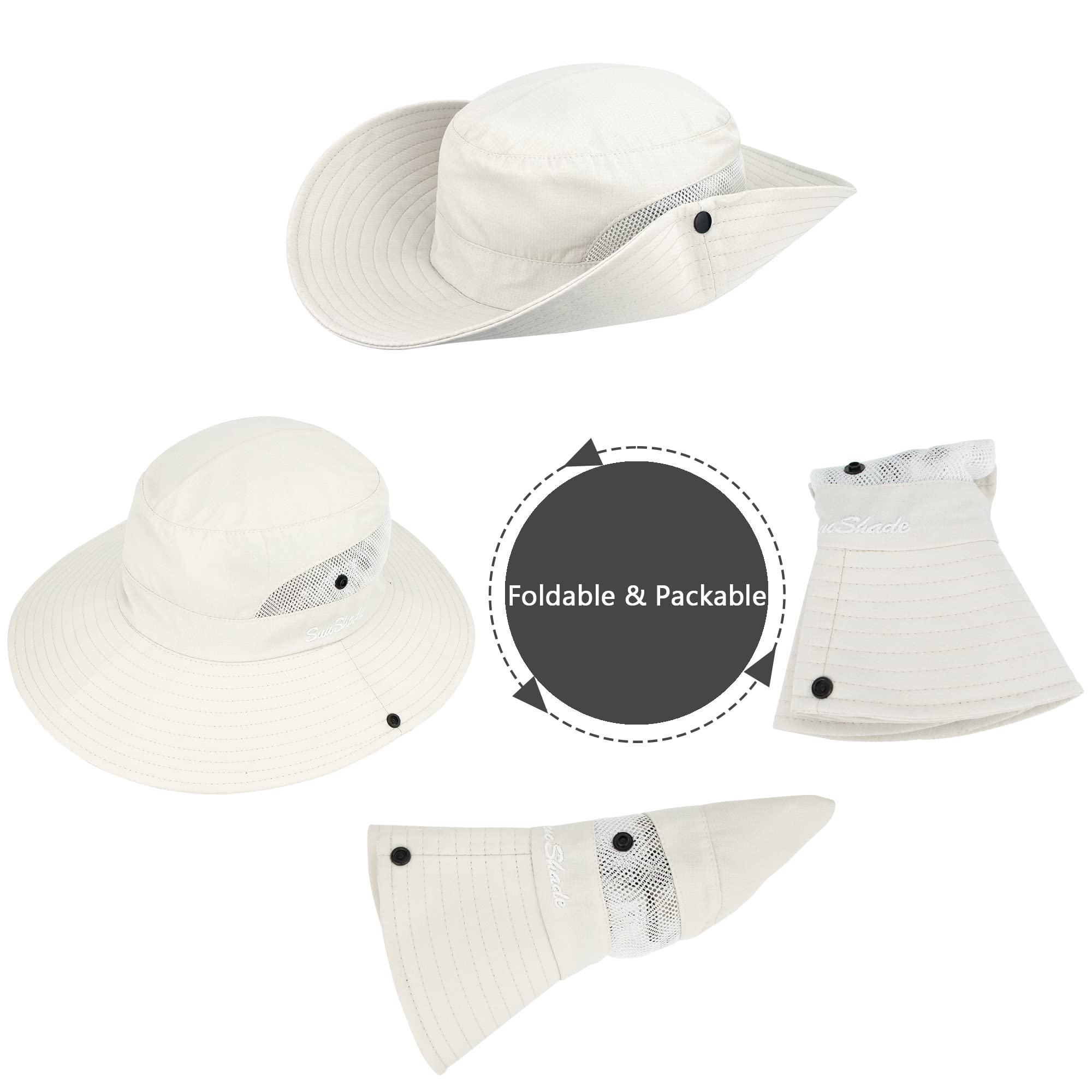 Women's Sun-Hat UV-Protection-Foldable Mesh Wide-Brim Outdoor Summer Beach Fishing Hat with Ponytail-Hole (One Size, Beige)