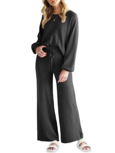 anrabess women’s two piece crop top & wide leg pants lounge sweater sets 2024 fall knit sweatsuits cozy trendy outfits black medium