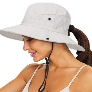 Women's Sun-Hat UV-Protection-Foldable Mesh Wide-Brim Outdoor Summer Beach Fishing Hat with Ponytail-Hole (One Size, Beige)