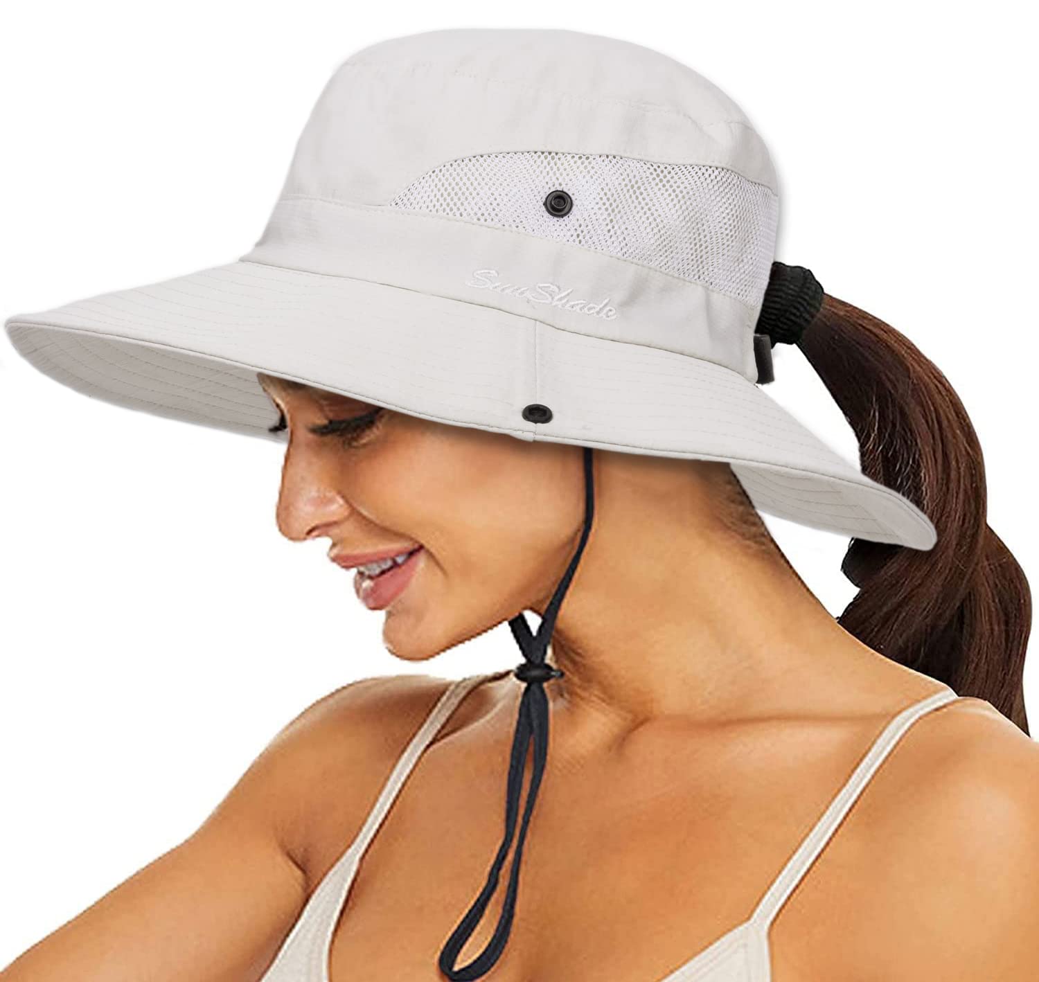 Women's Sun-Hat UV-Protection-Foldable Mesh Wide-Brim Outdoor Summer Beach Fishing Hat with Ponytail-Hole (One Size, Beige)